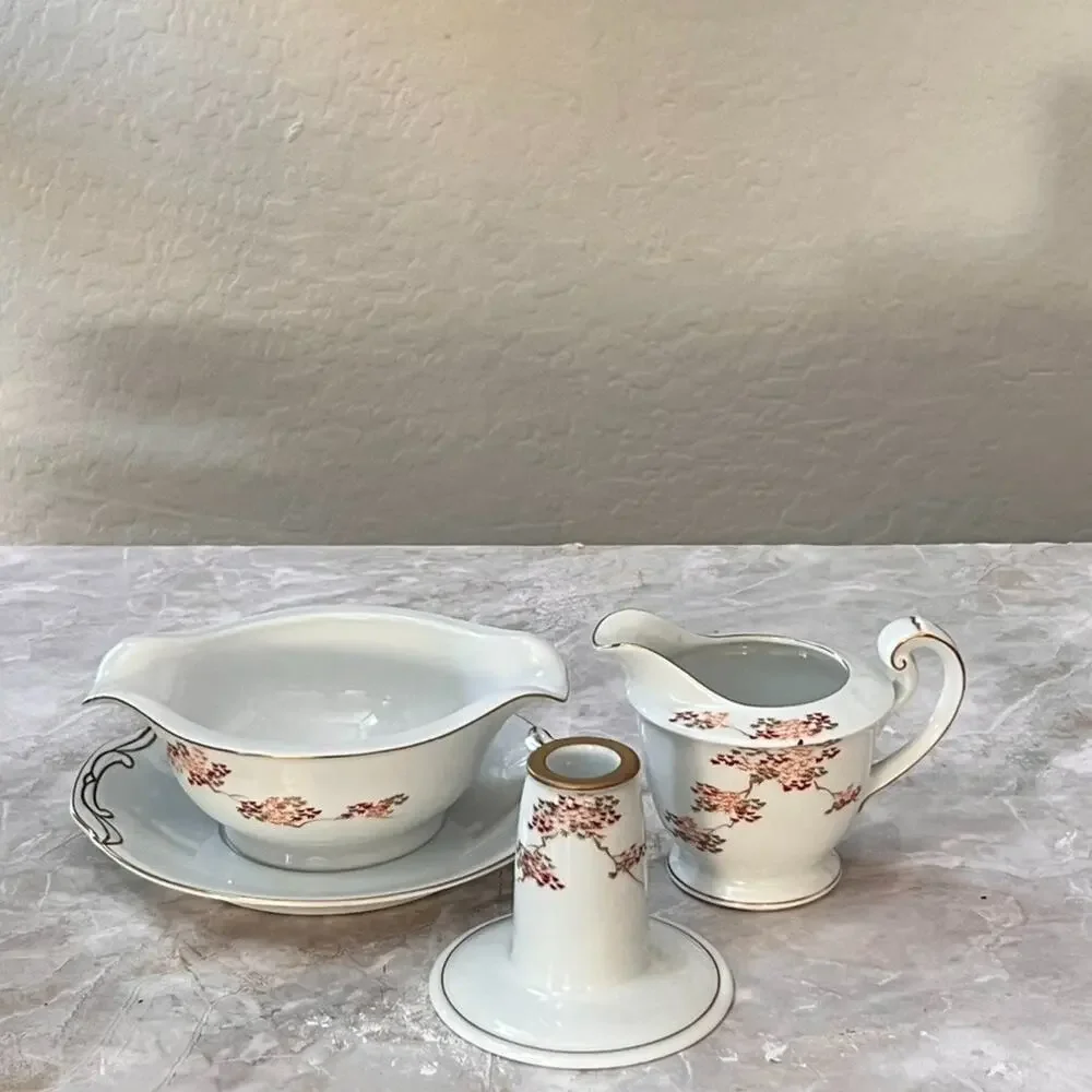 Fukagawa Arita Porcelain Gravy Boat Cream & Candle Holder Maple Leaves Handpaint